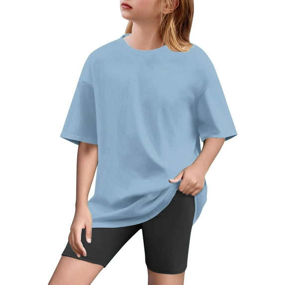 Ugoldhm Girl Outfits Fashion Short Sleeve Solid Color Summer Crew Neck Short Sleeve Top Yoga Shorts Suit 5-15Years