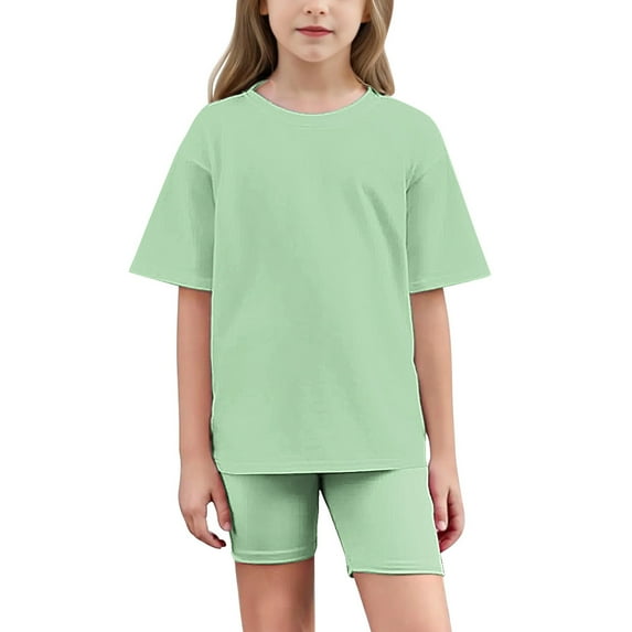 Ugoldhm Girl Outfits Solid Color Short Sleeve Summer Fashion Crew Neck Short Sleeve Top Yoga Shorts Suit 5-15Years