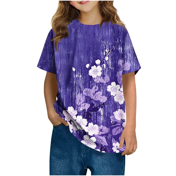 Ugoldhm Girl Summer Graphic Tees Short Sleeve Crew Neck Cute Print Tops Soft Casual T-Shirts Kids Clothing 3-14Years