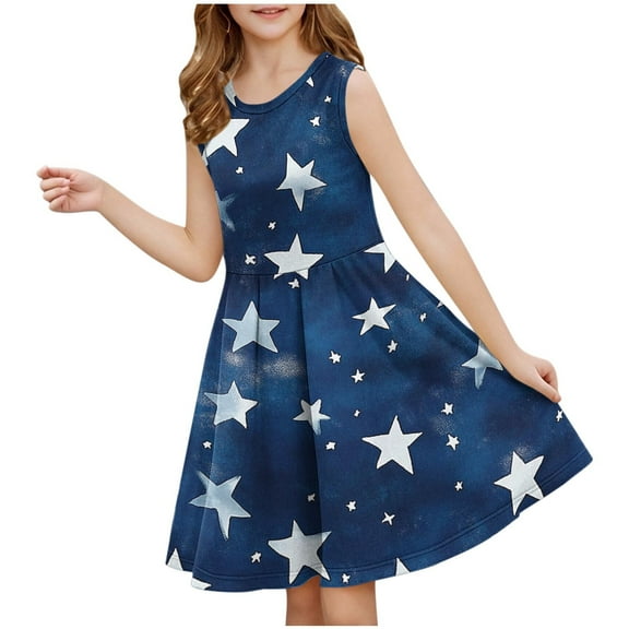 Ugoldhm Girl's Dresses Sleeveless Crewneck Summer Casual Stars Swing Midi Tank Dress Size 3-14 Years