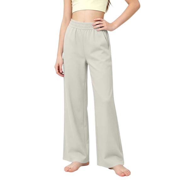 Ugoldhm Girl's Elastic High Waist Wide Leg Pants Side Pockets Loose Soft Casual Straight Trousers 5-14Y