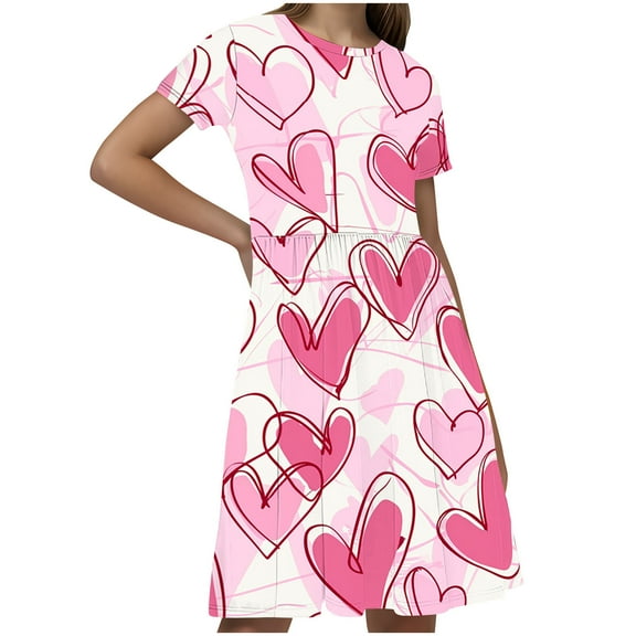 Ugoldhm Girl's Summer Boho Dresses Casual Pleated Tea-Length Crew Neck A-Line Short Sleeve Dress 4-14 Years