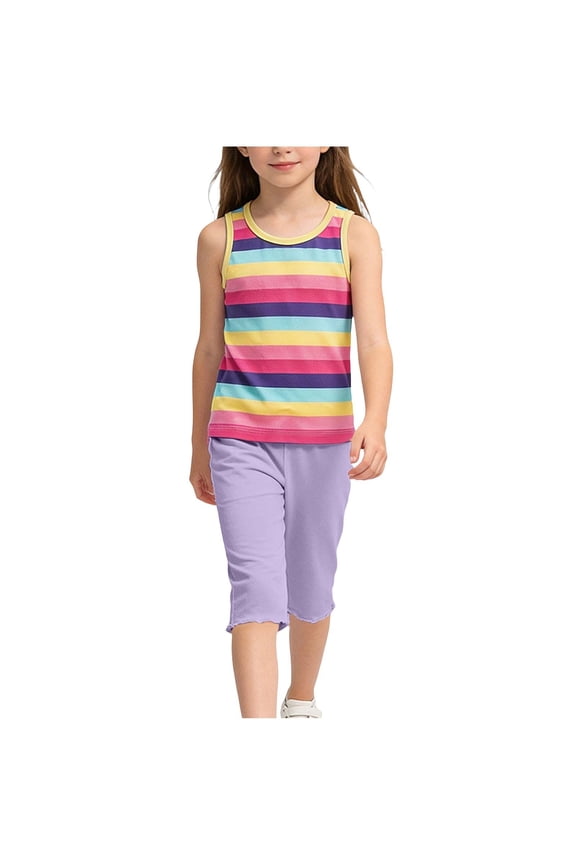 Girls 1-12Y 2-Piece Rainbow Stripe Outfit Sleeveless Tank Top & Ruffle Hem Capri Pants Summer Loung Set