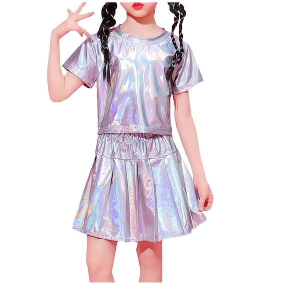 Ugoldhm Girls 2-Piece Metallic Set – Shinny T-Shirt & Skirt, Dance Performance Costume, Sizes 3-14Y