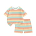 thumbnail image 1 of Ugoldhm Girls 2-Piece Striped Outfit, Ringer T-Shirt & Elastic Waist Shorts, Soft Stretchy Set for 1-14 Years Old, 1 of 8