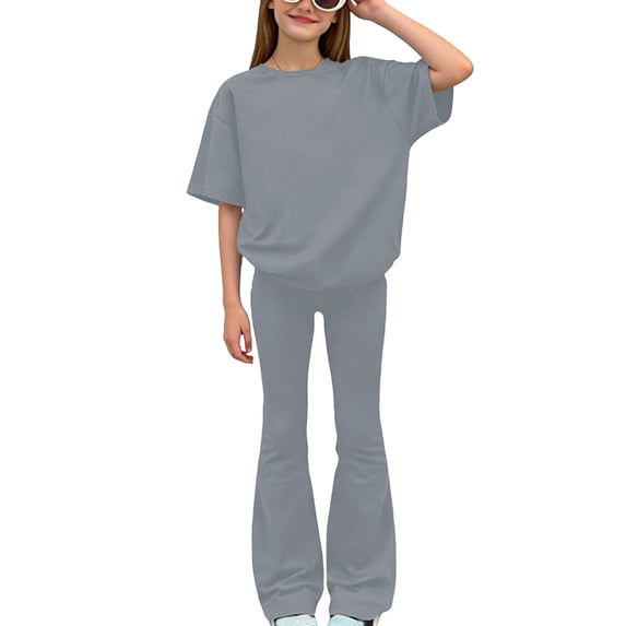 Ugoldhm Girls 2-Piece Trendy Set, Oversized Short Sleeve T-Shirt & High Waist Flare Leggings, Sizes 8-13 Years