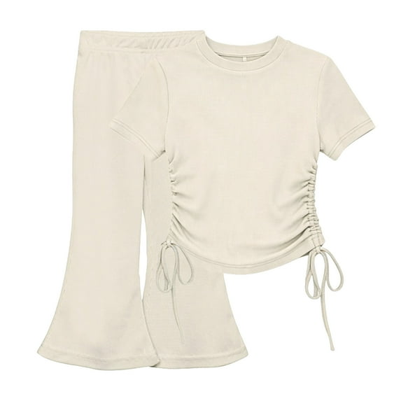 Ugoldhm Girls 2-Piece Trendy Set, Ruched Side T-Shirt & Flare Pants, Soft Stretchy Matching Set Sizes 1 to 10 Years Old