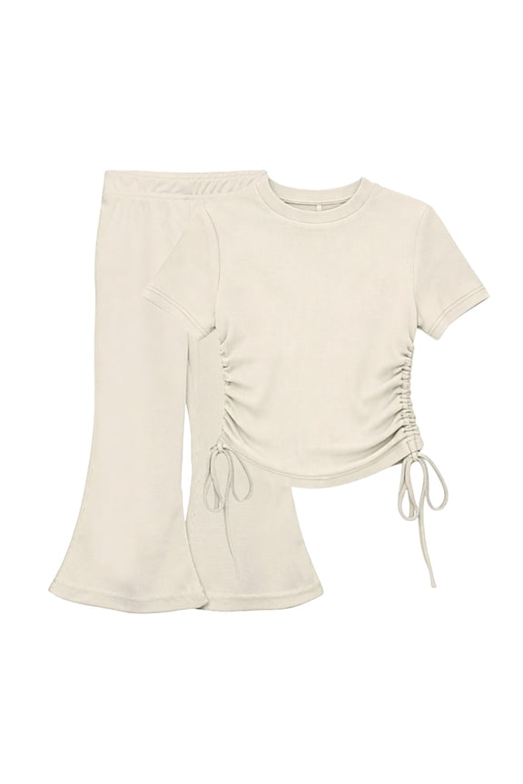 Girls 2-Piece Trendy Set, Ruched Side T-Shirt & Flare Pants, Soft Stretchy Matching Set Sizes 1 to 10 Years Old