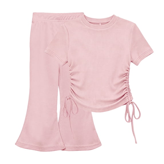 Ugoldhm Girls 2-Piece Trendy Set, Ruched Side T-Shirt & Flare Pants, Soft Stretchy Matching Set Sizes 1 to 10 Years Old