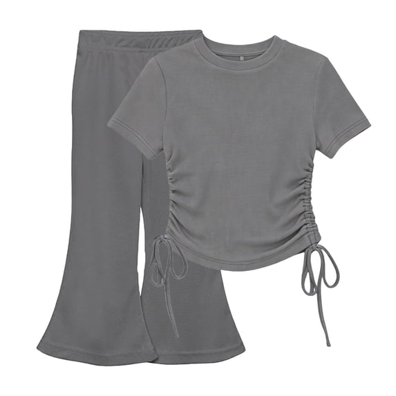 Ugoldhm Girls 2-Piece Trendy Set, Ruched Side T-Shirt & Flare Pants, Soft Stretchy Matching Set Sizes 1 to 10 Years Old
