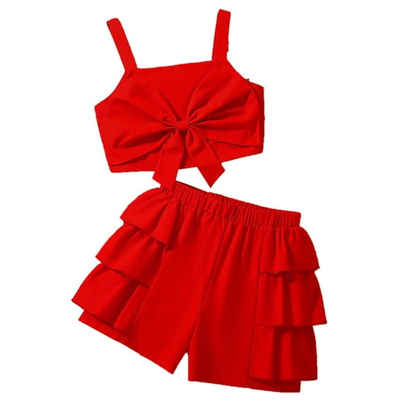 Ugoldhm Girls 2 Pieces Outfits Bow Sleeveless Top & Ruffle Shorts Summer Clothes 8-13 Years