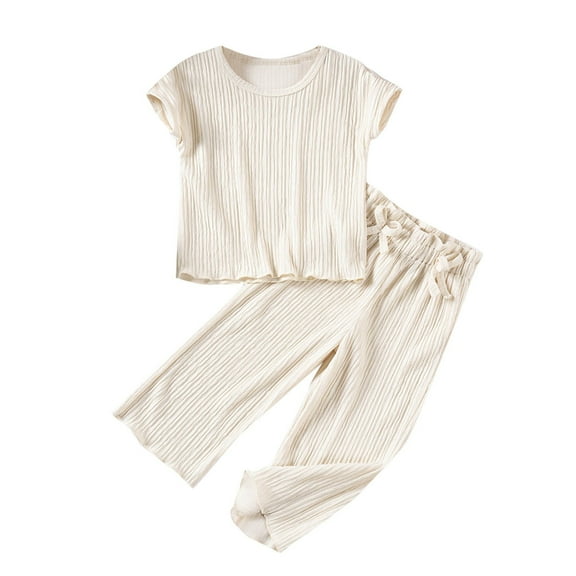 Ugoldhm Girls 2Pcs Outfits Cotton Stylish Short Sleeve Top and Pants Set Cute Clothing,Beige,1-7 Years