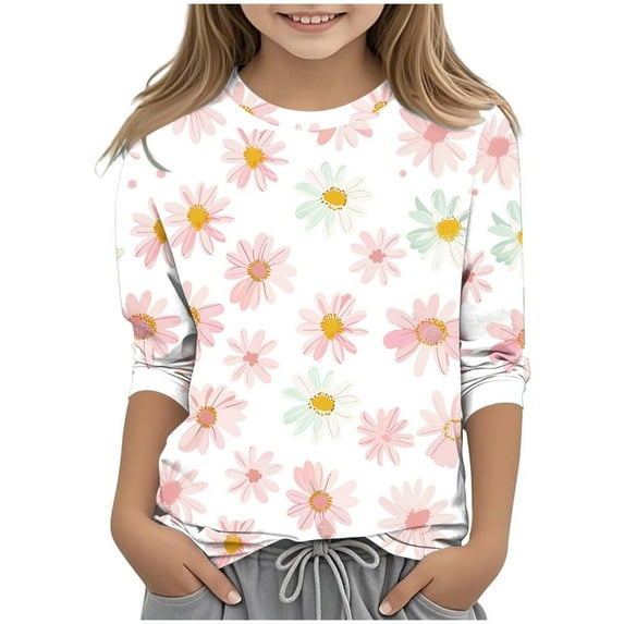 Ugoldhm Girls 3/4 Sleeve Shirts Round Neck Floral Printed Fashion Tops Kids Casual Blouse