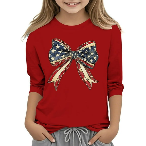 Ugoldhm Girls 4th of July 3/4 Sleeve Tees - Soft Crew Neck Patriotic Print Summer Tops Sizes 3-12