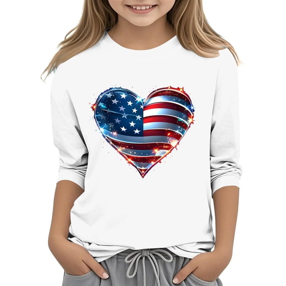 Ugoldhm Girls 4th of July 3/4 Sleeve Tees - Soft Crew Neck Patriotic Print Summer Tops Sizes 3-12