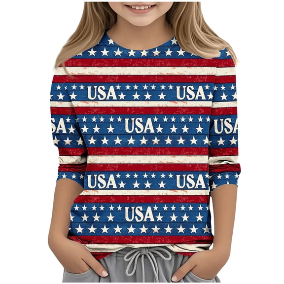 Ugoldhm Girls 4th of July Tees Relaxed Summer Shirts for Kids Size 3-12Y Star Spangled American Flag Print