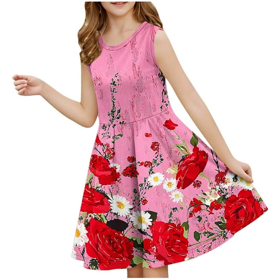 Ugoldhm Girls' A-Line Summer Dress - Floral Print Pleated Crew Neck Sleeveless, Casual & Comfortable, 3-14 Years