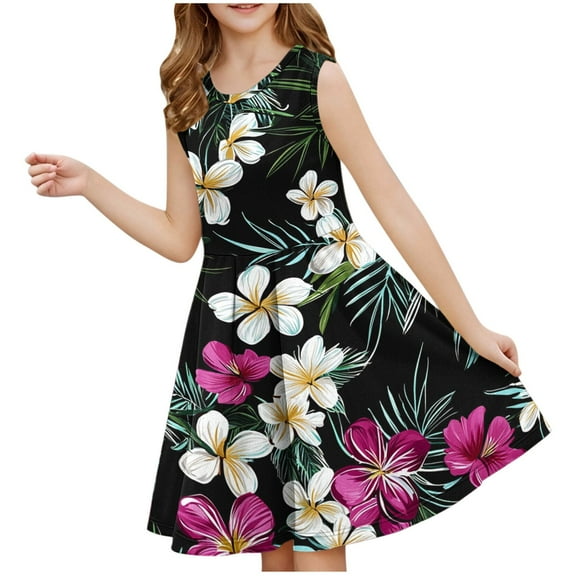 Ugoldhm Girls' A-Line Summer Dress - Floral Print Pleated Crew Neck Sleeveless, Casual & Comfortable, 3-14 Years