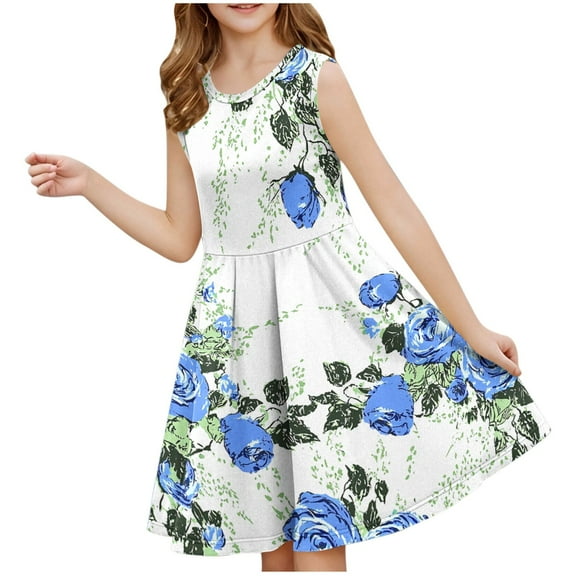 Ugoldhm Girls' A-Line Summer Dress - Floral Print Pleated Crew Neck Sleeveless, Casual & Comfortable, 3-14 Years