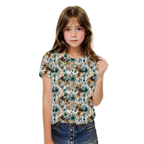 Ugoldhm Girls Athletic Shirts Short Sleeve Crewneck Print Tee Workout Activewear Tops for Kids 3-13Y
