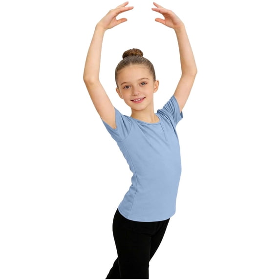 Ugoldhm Girls Basic Dance Top, Short Sleeve Ballet Gymnastics Shirt, Stretchy Comfy Performance Dancewear for Kids