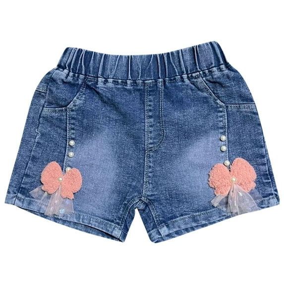 Ugoldhm Girls' Bow Accent Denim Shorts (2-7Y) Elastic Waist & Summer Casual Everyday Jean Shorts