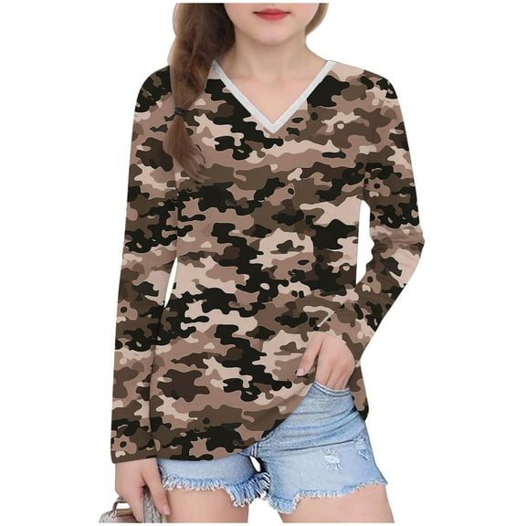 Ugoldhm Girls Camo Shirts V Neck Tunic Printed Tops Fall Going Out Outdoor Workout Tees