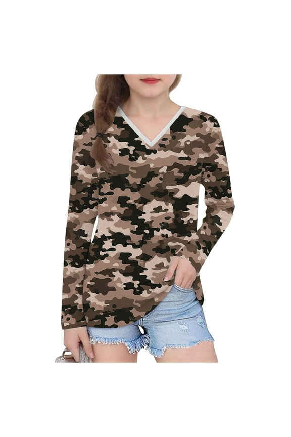Girls Camo Shirts V Neck Tunic Printed Tops Fall Going Out Outdoor Workout Tees