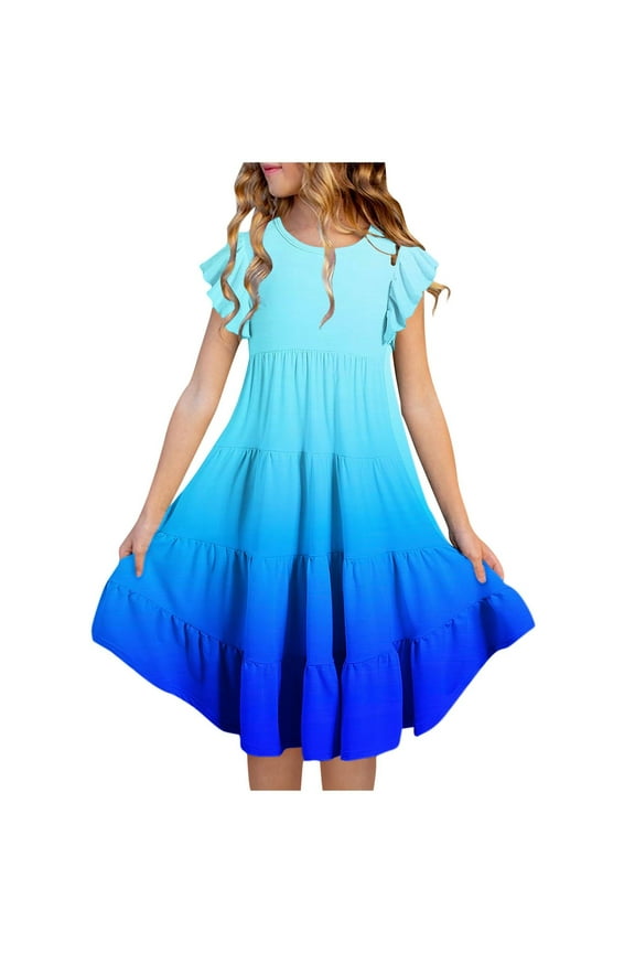 Girls Casual Flowy Tiered Dress Summer Crew Neck A-Line Gradient Color Short Sleeve Dress 6 Months-15 Years