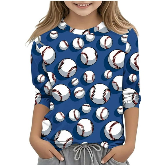 Ugoldhm Girls Casual Shirts Crewneck Baseball Printed 3/4 Sleeve Tops Summer Fall Kids Clothes