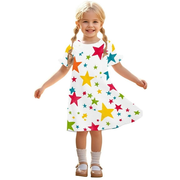 Ugoldhm Girls Casual Short Sleeve Summer Midi Dress - Crew Neck Flowy Sun Dresses, Size 3-12