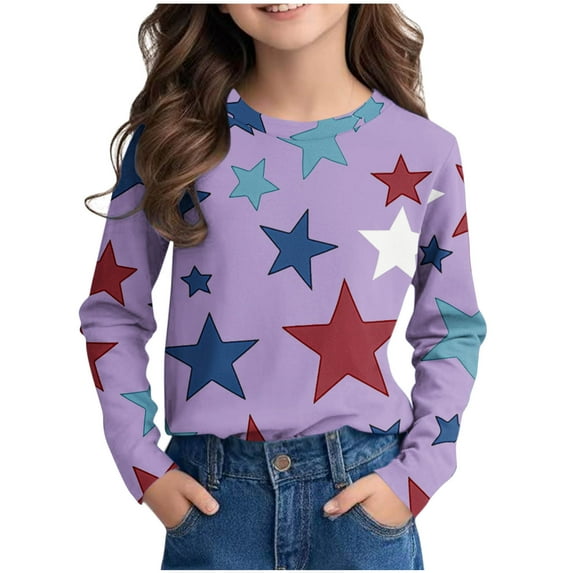 Ugoldhm Girls Casual Tees Star Print Round Neck Long Sleeve Tops Fashion Fall Undershirt Shirt