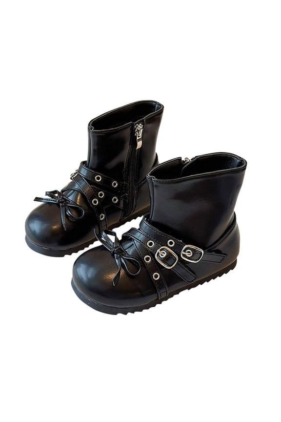 Girls Chunky Heel Booties - Hook and Loop Bow Decor Side Zipper Ankle Boots, Goth Punk Style