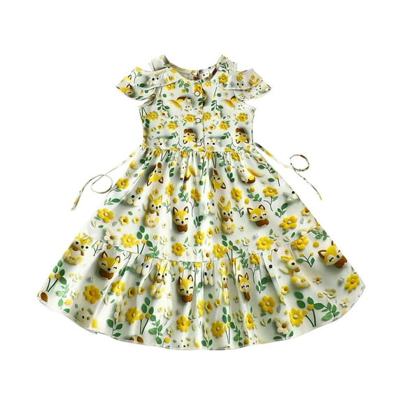 Ugoldhm Girls Cold Shoulder Floral Print Cotton Sundress - Summer Casual Mid-Length Dress, Size 4-9