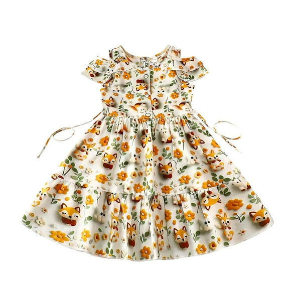 Ugoldhm Girls Cold Shoulder Floral Print Cotton Sundress - Summer Casual Mid-Length Dress, Size 4-9