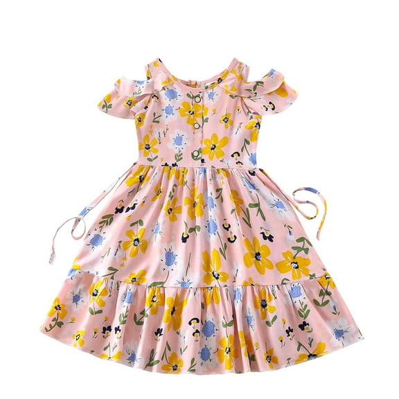 Ugoldhm Girls Cold Shoulder Floral Print Cotton Sundress - Summer Casual Mid-Length Dress, Size 4-9