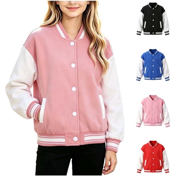 Ugoldhm Girls Color‑Block Button‑Up Varsity Jacket, Long‑Sleeve Baseball Coat with Ribbed Collar and Side Pockets