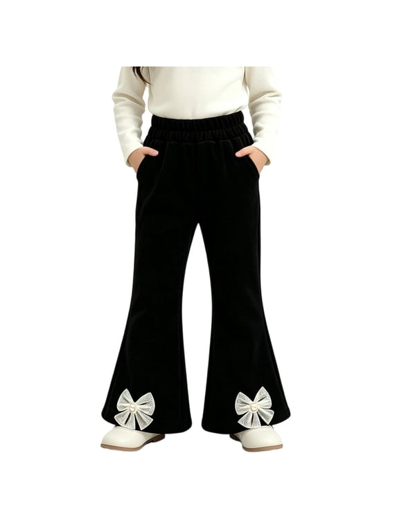 Girls Corduroy Flare Pants Elastic High Waist Side Pockets Lace Pearl Bow Decorated Cuff Loose Kids Bell Bottom Trousers