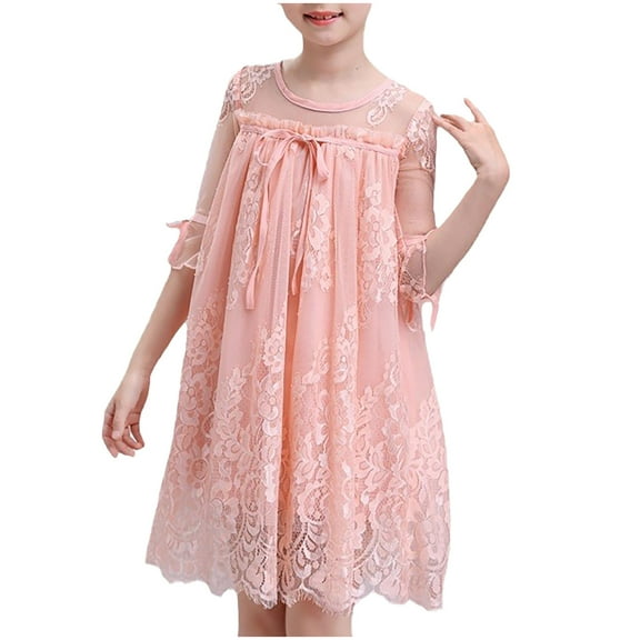 Ugoldhm Girls Cotton Lace Crew Neck Long Sleeve Summer Dress Fashionable Kids Clothes Sizes 8-14