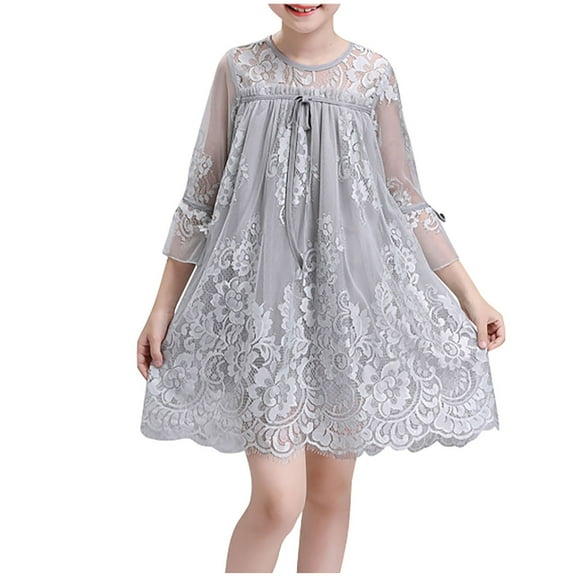 Ugoldhm Girls Cotton Lace Crew Neck Long Sleeve Summer Dress Fashionable Kids Clothes Sizes 8-14