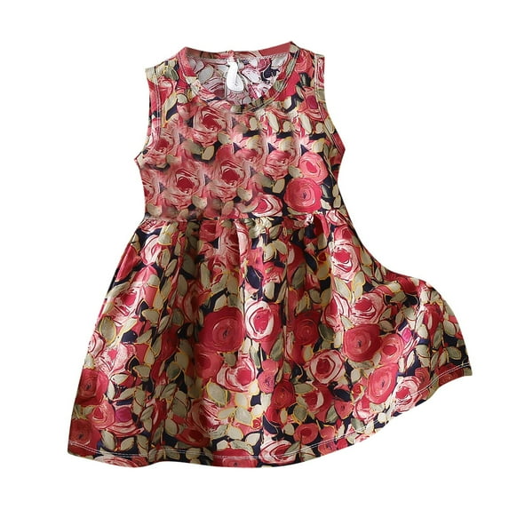 Ugoldhm Girls' Cotton Pleated Sundress - Graphic Print Sleeveless Crew Neck, Summer Casual & Comfortable, 18M-8Y