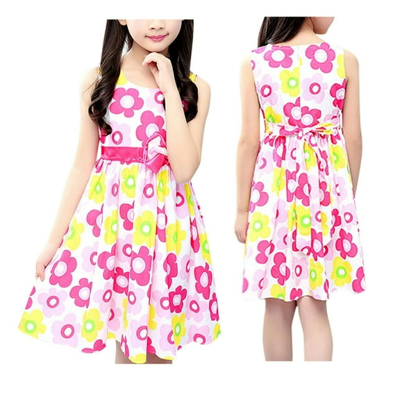 Ugoldhm Girls' Cotton Sundress with Bow - Floral Print Sleeveless Crew Neck, Summer Casual Dress for 8-14 Years