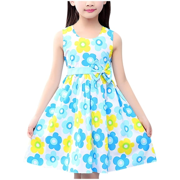 Ugoldhm Girls' Cotton Sundress with Bow - Floral Print Sleeveless Crew Neck, Summer Casual Dress for 8-14 Years