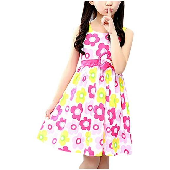 Ugoldhm Girls' Cotton Sundress with Bow - Floral Print Sleeveless Crew Neck, Summer Casual Dress for 8-14 Years