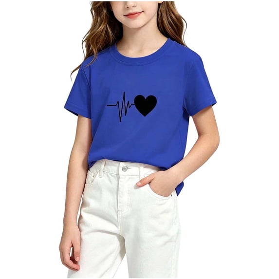 Ugoldhm Girls' Crew-Neck Short-Sleeve Basic T-Shirt, Regular Fit with Heart-Shaped Print on the Chest