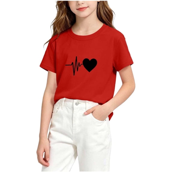 Ugoldhm Girls' Crew-Neck Short-Sleeve Basic T-Shirt, Regular Fit with Heart-Shaped Print on the Chest