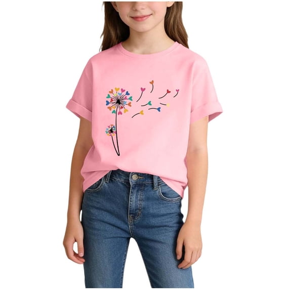 Ugoldhm Girls' Crew Neck Short Sleeve Tee Cute Colorful Heart & Flower Graphic Casual T-Shirt Sizes 2-14 Years