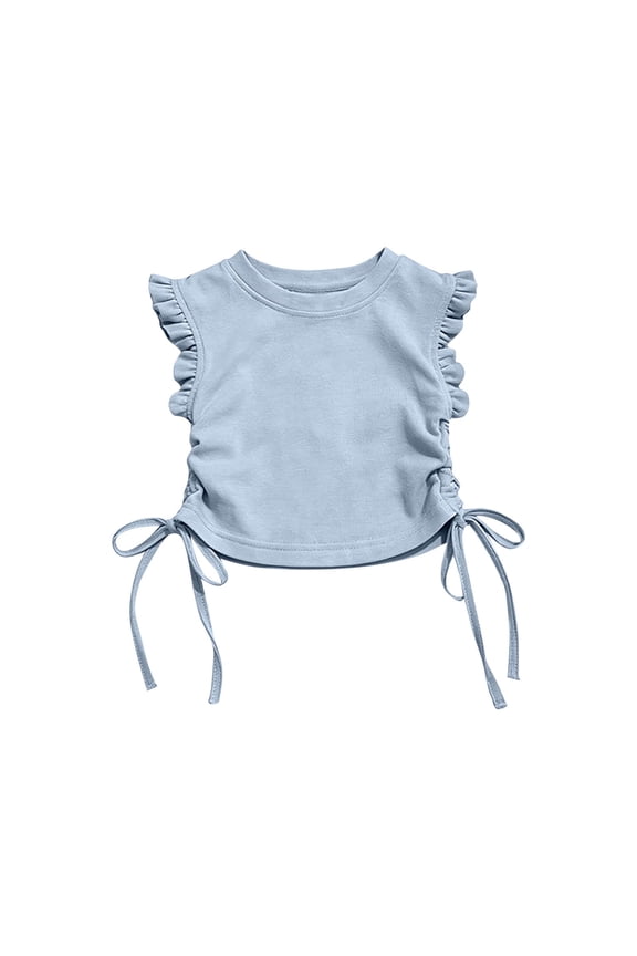 Girls' Cute Ruffle Sleeve Crop Top Sleeveless Round Neck Side Drawstring Ruched Casual Tee for Summer Playwear Age 2-10
