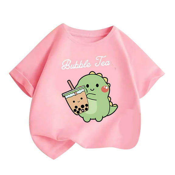 Ugoldhm Girls' Dinosaur Print Short Sleeve Crew Neck T-Shirt Modern Fit Summer Top for Toddler, Kids, Youth 2-14Y