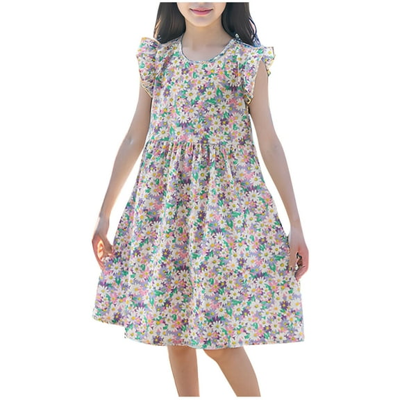 Ugoldhm Girls Dress Summer Tea-Length Short Sleeve Cotton Casual Crew Neck Sundress Size 2-14